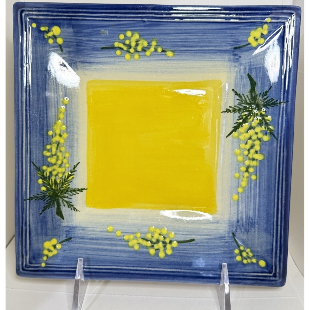Atelier Du Sage France Mimosa 7X7 Square Plate Hand Painted Blue Yellow #363